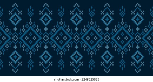 Indigo navy blue geometric traditional ethnic pattern Ikat seamless pattern border abstract design for fabric print cloth dress carpet curtains and sarong Aztec African Indian Indonesian 