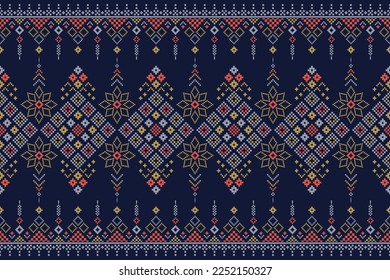 Indigo navy blue geometric traditional ethnic pattern Ikat seamless pattern border abstract design for fabric print cloth dress carpet curtains and sarong Aztec African Indian Indonesian 