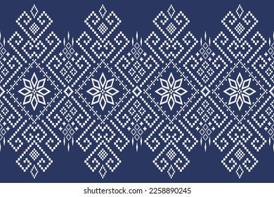 Indigo navy blue geometric traditional ethnic pattern Ikat seamless pattern border abstract design for fabric print cloth dress carpet curtains and sarong Aztec African Indian Indonesian 