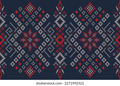 Indigo navy blue geometric traditional ethnic pattern Ikat seamless pattern border abstract design for fabric print cloth dress carpet curtains and sarong Aztec African Indian Indonesian 