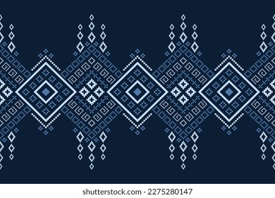 Indigo navy blue geometric traditional ethnic pattern Ikat seamless pattern border abstract design for fabric print cloth dress carpet curtains and sarong Aztec African Indian Indonesian 