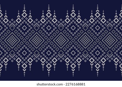 Indigo navy blue geometric traditional ethnic pattern Ikat seamless pattern border abstract design for fabric print cloth dress carpet curtains and sarong Aztec African Indian Indonesian 