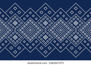 Indigo navy blue geometric traditional ethnic pattern Ikat seamless pattern border abstract design for fabric print cloth dress carpet curtains and sarong Aztec African Indian Indonesian 