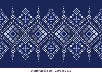 Indigo navy blue geometric traditional ethnic pattern Ikat seamless pattern border abstract design for fabric print cloth dress carpet curtains and sarong Aztec African Indian Indonesian 