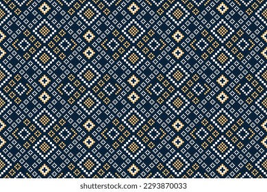 Indigo navy blue geometric traditional ethnic pattern Ikat seamless pattern border abstract design for fabric print cloth dress carpet curtains and sarong Aztec African Indian Indonesian 