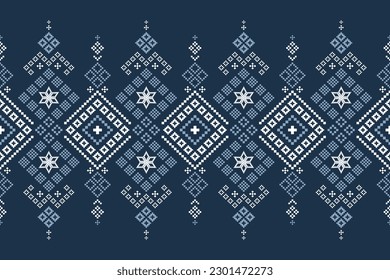 Indigo navy blue geometric traditional ethnic pattern Ikat seamless pattern border abstract design for fabric print cloth dress carpet curtains and sarong Aztec African Indian Indonesian 