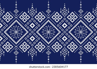 Indigo navy blue geometric traditional ethnic pattern Ikat seamless pattern border abstract design for fabric print cloth dress carpet curtains and sarong Aztec African Indian Indonesian 