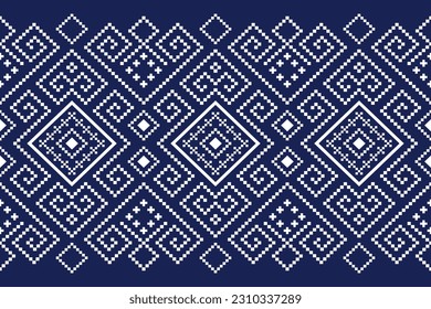 Indigo navy blue geometric traditional ethnic pattern Ikat seamless pattern border abstract design for fabric print cloth dress carpet curtains and sarong Aztec African Indian Indonesian 