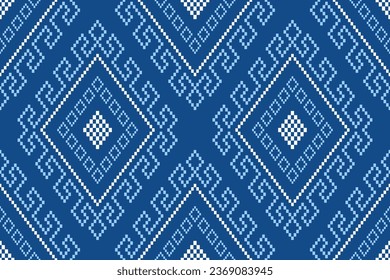 Indigo navy blue geometric traditional ethnic pattern Ikat seamless pattern border abstract design for fabric print cloth dress carpet curtains and sarong Aztec African Indian Indonesian