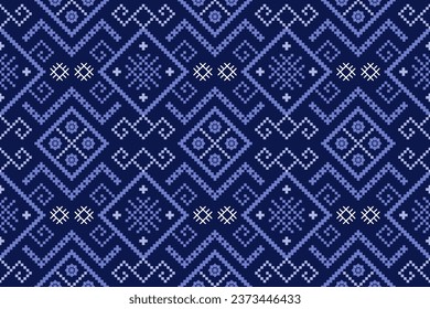 Indigo navy blue geometric traditional ethnic pattern Ikat seamless pattern border abstract design for fabric print cloth dress carpet curtains and sarong Aztec African Indian Indonesian