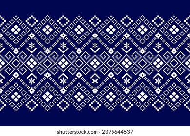 Indigo navy blue geometric traditional ethnic pattern Ikat seamless pattern border abstract design for fabric print cloth dress carpet curtains and sarong Aztec African Indian Indonesian