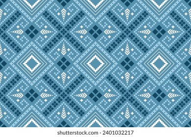 Indigo navy blue geometric traditional ethnic pattern Ikat seamless pattern border abstract design for fabric print cloth dress carpet curtains and sarong Aztec African Indian Indonesian