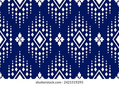 Indigo navy blue geometric traditional ethnic pattern Ikat seamless pattern border abstract design for fabric print cloth dress carpet curtains and sarong Aztec African Indian Indonesian