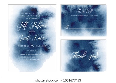 Indigo, navy blue wedding set with beautiful hand drawn watercolor background. Includes Invintation, rsvp and thank you cards templates. Vector