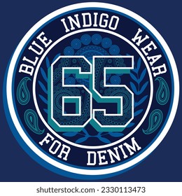 Indigo Paisley college design with text and numbers patchwork, spring summer design, vector fashion style.