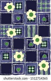 indigo patch quilt with stripes and flowers in a seamless pattern