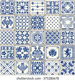 Indigo Portugal Lisbon Set Paint Tile Floor Oriental Spain Ornament Collection Abstract Spanish Pattern Painted Tin Ceramic Tile work Vintage Illustration background Vector Azulejo Set Pattern Brocade