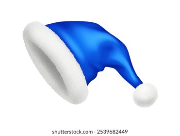 Indigo Santa Claus hat with hairy pompom realistic vector illustration. Traditional Christmas clothing accessory 3d model on white background