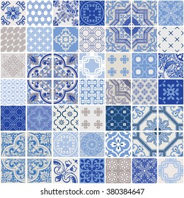 Indigo Seamless Patchwork Pattern - Monochrome Tiles Set - for wallpaper, design, background, texture, interiors - in vector