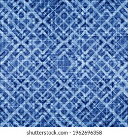 Indigo seamless pattern. Abstract denim texture. Blue woven background. Imperfect ikat fabric. Shibori jeans textile. Repeating design for prints. Fade textured patern. Distress mottled grid. Vector