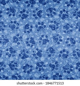 Indigo seamless pattern. Abstract pet prints. Paw texture. Cute blue background for design pets, dog or cat. Footprint pet. Modern shibori denim. Irregular foot puppy. Grunge urban effect. Vector