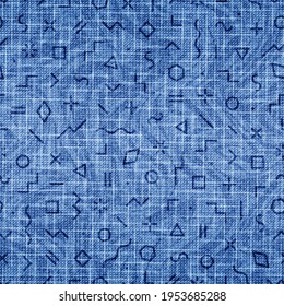 Indigo nahtloses Muster. Geometrische abstrakte Textur. Effekt bedrückter Hintergrund. Denim blauen Farbe. Jeans mit mehreren modernen Stoffen. Wiederholung unregelmäßiger geometrischer Muster. Drucke mit Motbeln. Vektorgrafik