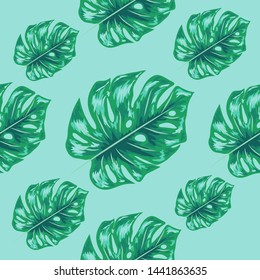 Indigo seamless pattern with monstera palm leaves. Summer tropical camouflage fabric design.