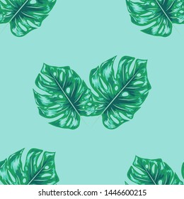 Indigo seamless pattern with monstera palm leaves. Summer tropical camouflage fabric design.