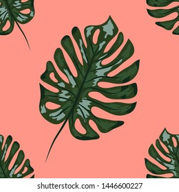 Indigo seamless pattern with monstera palm leaves. Summer tropical camouflage fabric design.