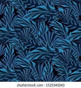 Indigo seamless pattern with  palm leaves on dark background. Tropical camouflage.