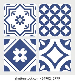 baldosas de indigo sin costuras. patrones decorativos cuadrados. fondo de mosaico abstracto. diseño de Vector para pared o piso. aislado en blanco. superficie de papel de envoltura