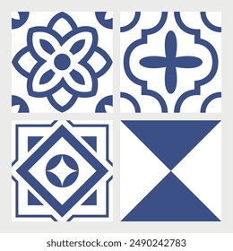 Indigo nahtlose Fliesen. Quadratische Dekorationsmuster. Abstrakte Mosaikhintergrund. Vektorgrafik- oder Bodendesign. Abisoliert auf Weiß. Papieroberfläche einpacken