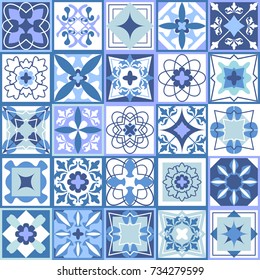 Indigo set of checkered ceramic tiles. Glazed ceramic mosaic with Moroccan, Spanish, Portuguese motifs. Vector ornaments for hamam, bathroom, kitchen design. Architectural collection, blue palette.