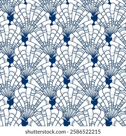 Indigo shell motifs on a white background in batik style. Seamless background for fabrics, textiles, packaging and wallpaper. Vector illustration