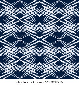Indigo Shibori Abstract Vector Seamless Pattern. Indian Bohemian Ikat Print. Vintage Japan Background. Cold Tile Textile Pattern.