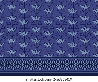 INDIGO SPRIG FLORAL WITH SEAMLESS BORDER AJRAKH PATTERN AND BLOCK PRINT PATTERN BATIK PRINT BACKGROUND DIGITAL PRINTING TEXTILE PATTERN