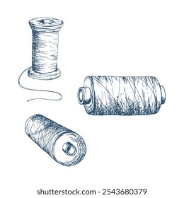 Bobinas de hilo índigo bobinas bobinas hilo, costura artesanal bordado suministros de costura. Ilustración vectorial de tinta dibujada a mano. Conjunto de Objetos aislados sobre fondo blanco. Taller de diseño, sastre, tienda de hobby