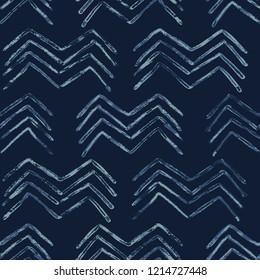 Indigo Tie Dye Batik Chevron Seamless Vector Pattern. Drawn Organic Blue Textile Illustration for Boho Fashion Print, Wallpaper, Hippie Packaging, Trendy Organic Cloth Backdrop. Indonesian Home Decor.