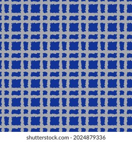 Indigo tie dye geometric seamless pattern in duotone blue and gray.  Retro tribal linear surface backdrop for prints; fabric, textile, wallpaper, upholstery and wrapping paper. Vector illustration.