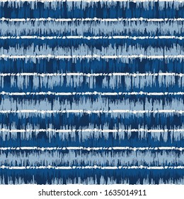 Indigo Tie Dye Ikat Irregular Horizontal Stripes Vector Seamless Pattern. Spring-Summer Traditional Boho Repeat Print in Classic Blue Tones for Fashion and Home Decor