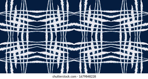 Indigo Tie Dye Rustic Vector Seamless Pattern. Indian Ogee Tile Background. Watercolor Uzbek Texture. Cloud Ikat Handmade Print.