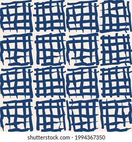 Indigo tie dye shibori vector seamless pattern. Minimalist geometric oriental  tile repeat in navy blue and off white. Organic texture. Japanese traditional print.