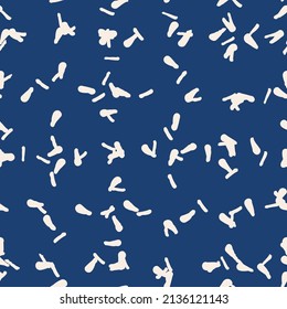 Indigobinde Farbstoff Shibori Vektor nahtloses Muster. Minimalistische geometrische, endlose Kacheln wiederholen sich in marineblau-weiß. Organische Textur. Japanischer traditioneller Druck.
