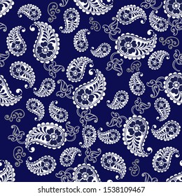 Indigo traditional paisley pattern. Floral wallpaper. Decorative ornament for fabric, textile, wrapping paper.