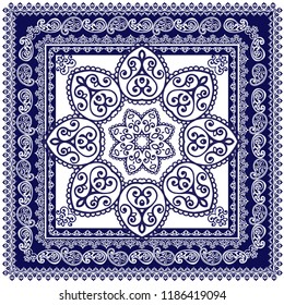 Indigo traditional paisley pattern. Vector ornament paisley Bandana Print, square pattern design style for print on fabric.