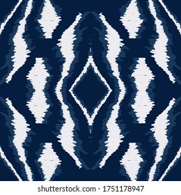 Indigo Tribal Vintage Vector Seamless Pattern. Uzbek Stripe Chevron Background. Textile Japanese Pattern. Cobalt Shibori Elegant Print.