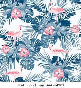 Indigo tropical summer seamless pattern with flamingo birds and exotic flowers