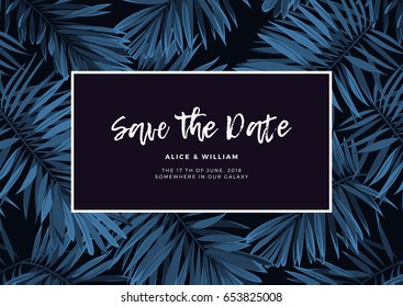 Indigo tropical wedding invitation with monstera palm leaves on dark background. Dark summer background design.