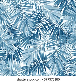 Indigo vector seamless pattern with monstera palm leaves on dark background. Summer tropical camouflage fabric design.