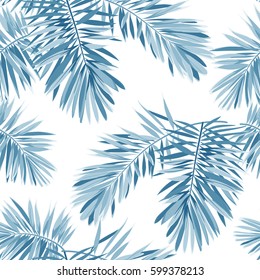 Indigo vector seamless pattern with monstera palm leaves on dark background. Summer tropical camouflage fabric design.